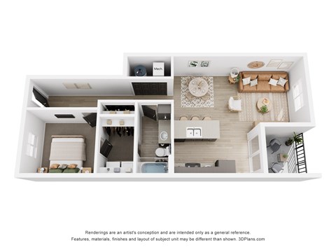 A 3D floor plan of a house with a kitchen, living room, and two bedrooms.